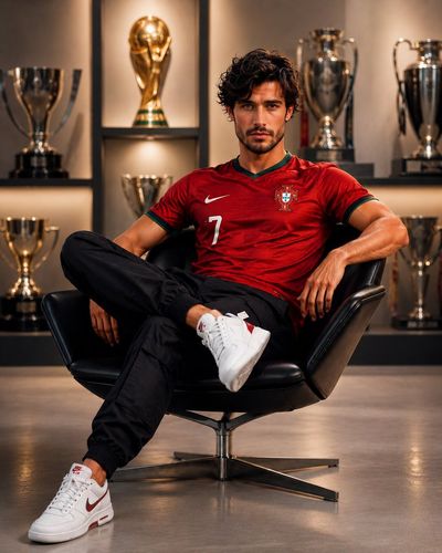 Portugal star poses confidently on designer chair in studio
