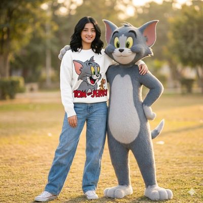 A young woman poses beside an anthropomorphic Tom Cat during golden hour