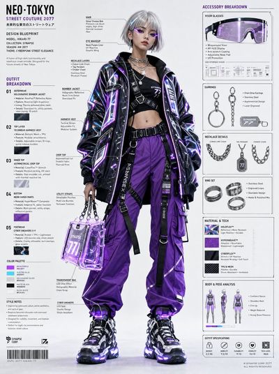 Cyberpunk streetwear girl stands confidently in holographic jacket