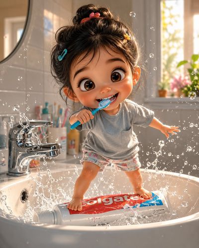 Toddler balances on toothpaste tube while brushing teeth in sink