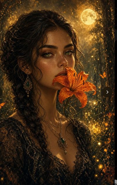 Mystical woman holds tiger lily in enchanted glowing forest at night