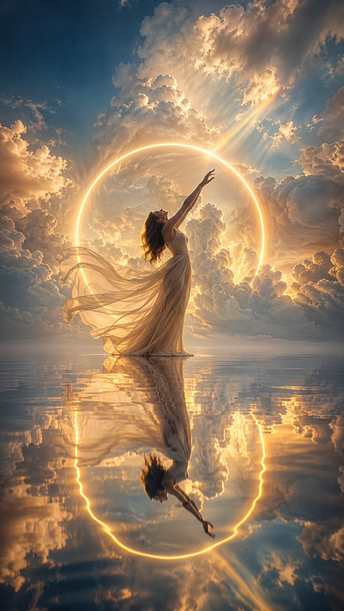 Ethereal woman in silk gown stands on mirror-like ocean at golden hour