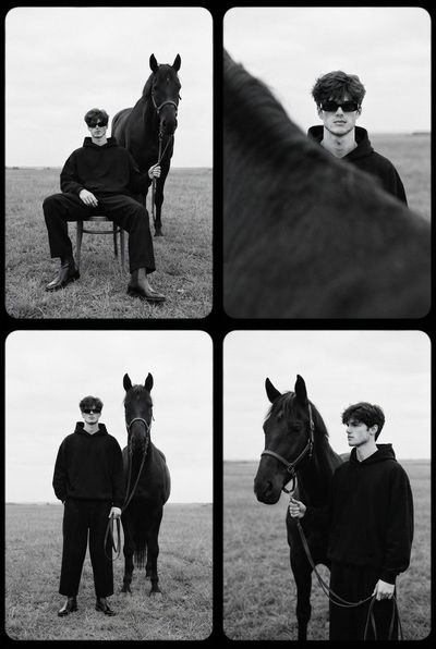Confident man and black horse in four square frames