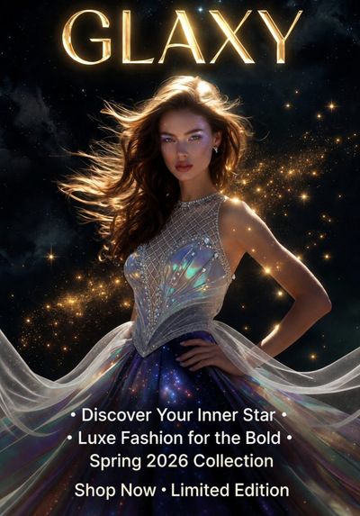 A cosmic goddess in a galaxy gown shines beneath golden typography.