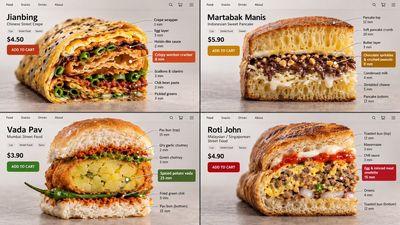 Sliced Asian street food reveals layered cross-section on clean grid