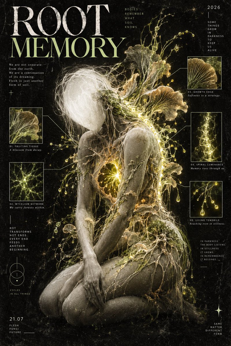 Faceless Figure Kneels as Glowing Mycelium Networks Grow