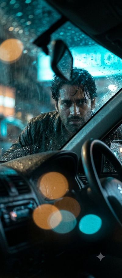 A man with a tense expression peers through a rain-streaked car window