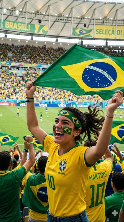 Brazilian fan cheers passionately at a packed soccer stadium