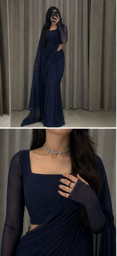 Elegant woman in navy saree poses in four-panel style