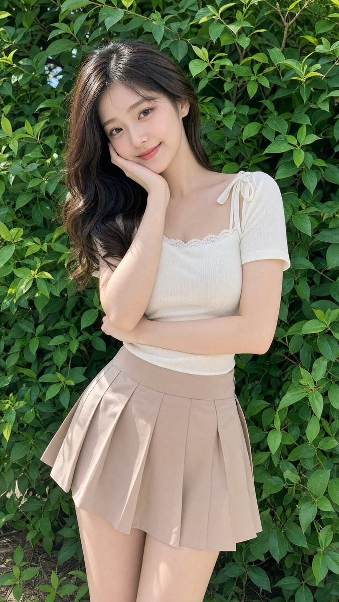 Young East Asian woman smiles in cream top beside lush green bushes