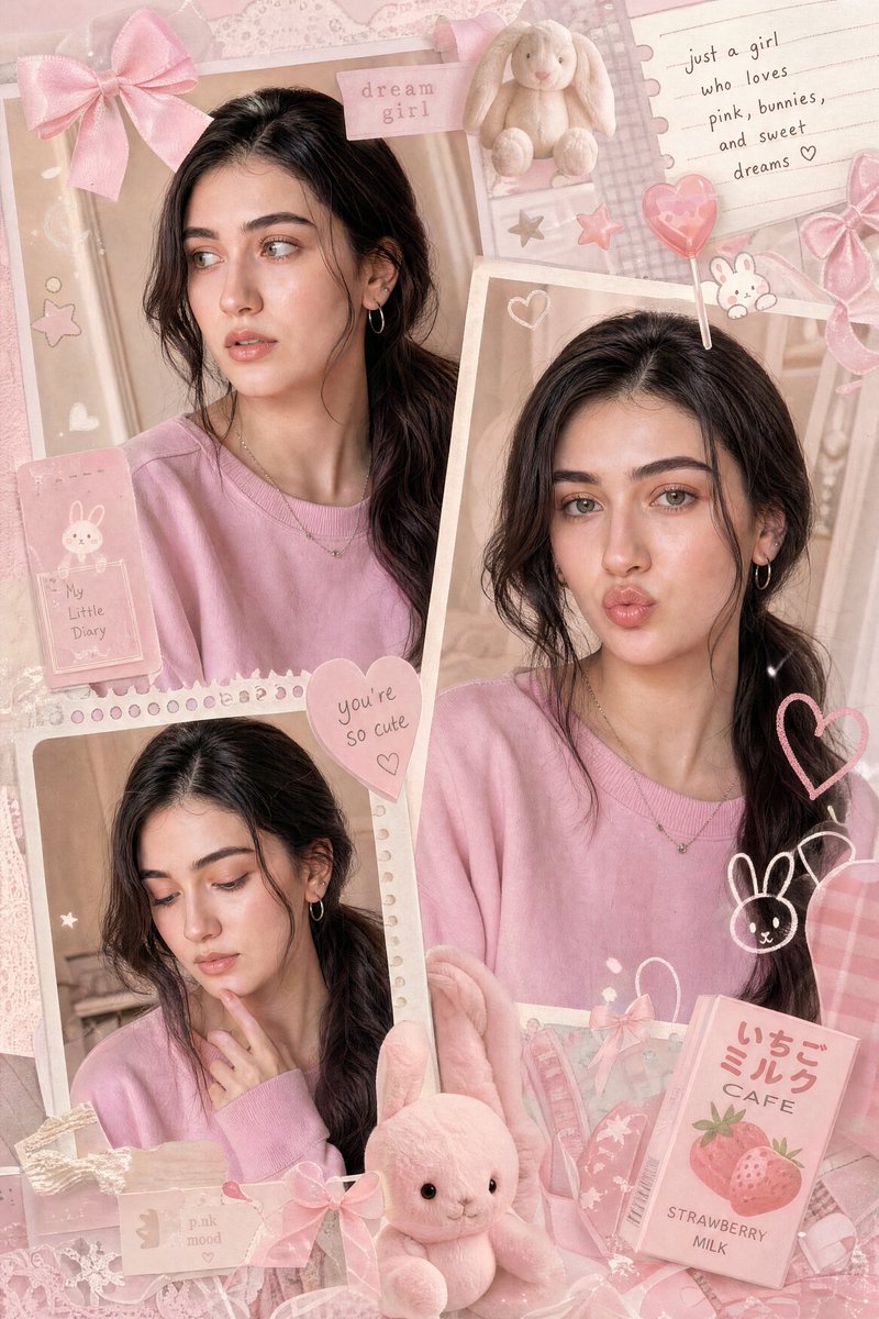 A young girl in pastel pink collage poses with soft glam makeup