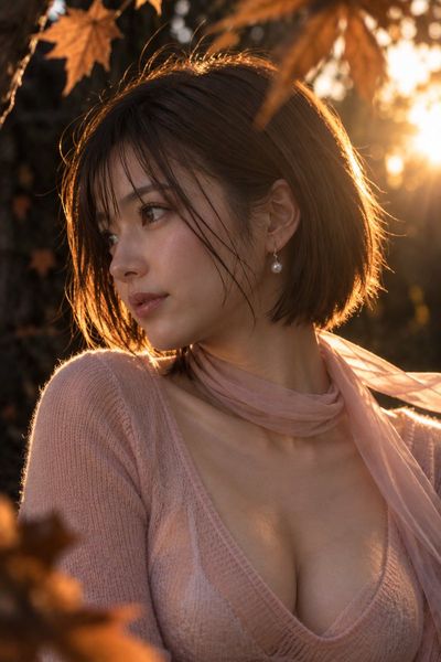 Golden Hour Glow on a Japanese Woman's Profile in Autumn