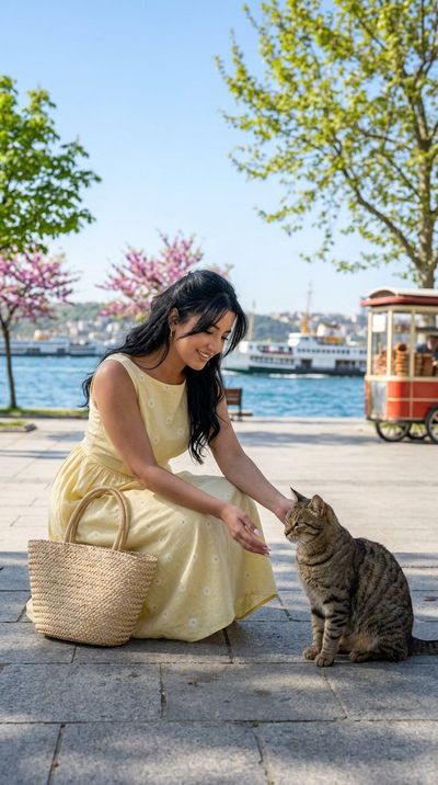A Spring Serenade: Cat and Woman on the Bosphorus Promenade
