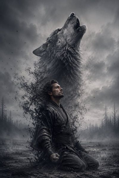 A kneeling man dissolves into smoke while a wolf howls skyward