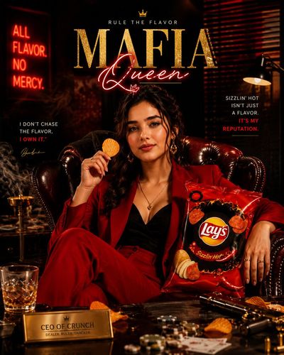 A powerful queen lounges in a leather chair holding chips