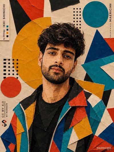 South Asian man in geometric jacket poses against Bauhaus backdrop