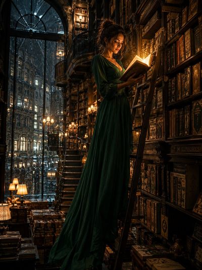 A woman in emerald dress discovers a glowing book in a forgotten library
