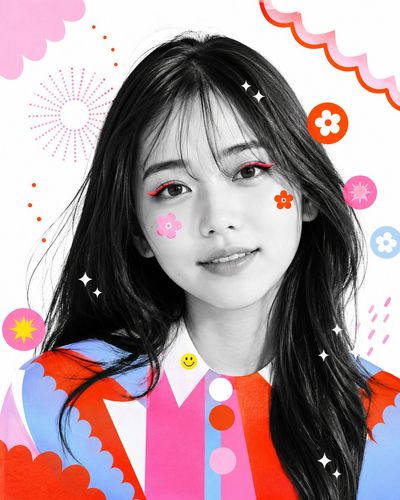 Japanese woman in pastel collage with playful geometric overlays