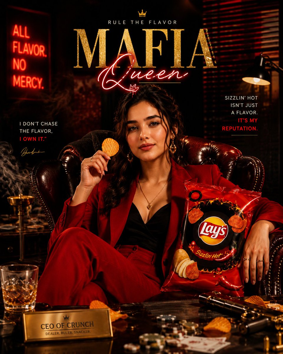 A powerful queen lounges in a leather chair holding chips