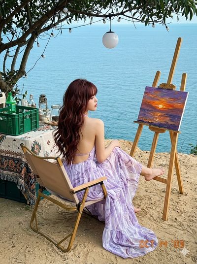Sunlit Reverie: Vintage Style Portrait by the Ocean Overlook