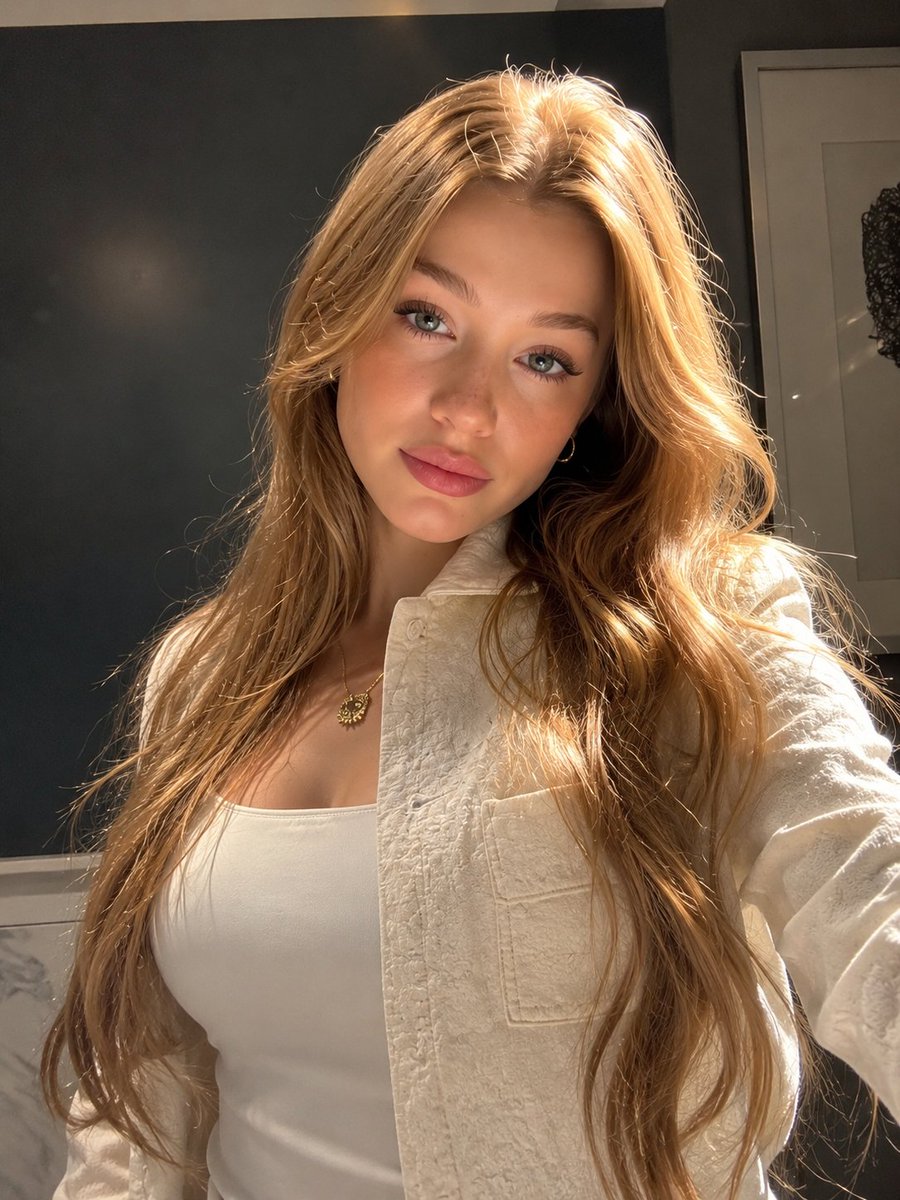Golden sunlight wraps her honey hair as she smiles softly