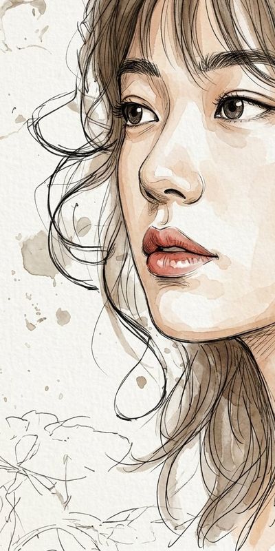 Woman's portrait blends watercolor and ink in soft sketch