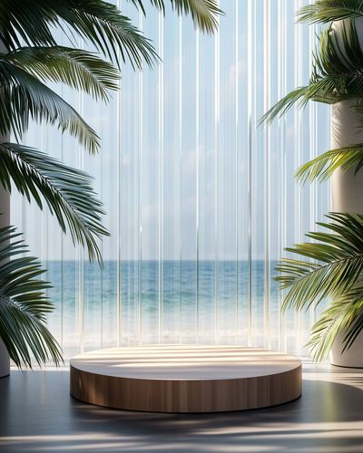 Round wooden podium stands before glass panels with palm leaves