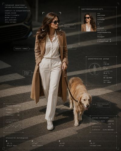 A woman in a trench coat walks through a rainy city with a wolf.