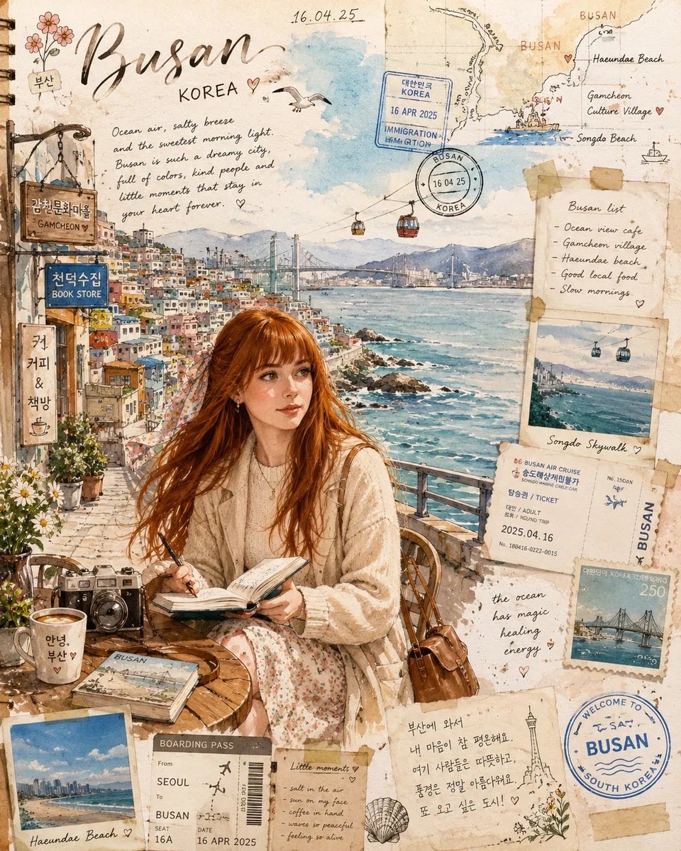 Red-haired girl writes in notebook at Busan seaside café