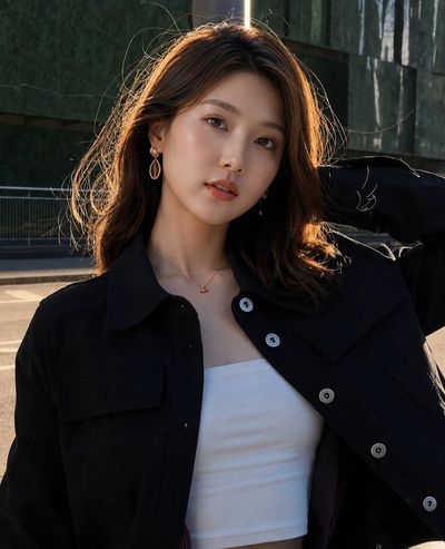 East Asian woman leans against railing in golden hour fashion portrait