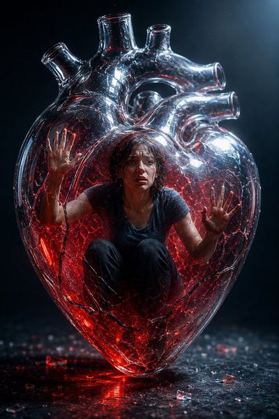 A distressed woman crouches inside a giant crystal heart.