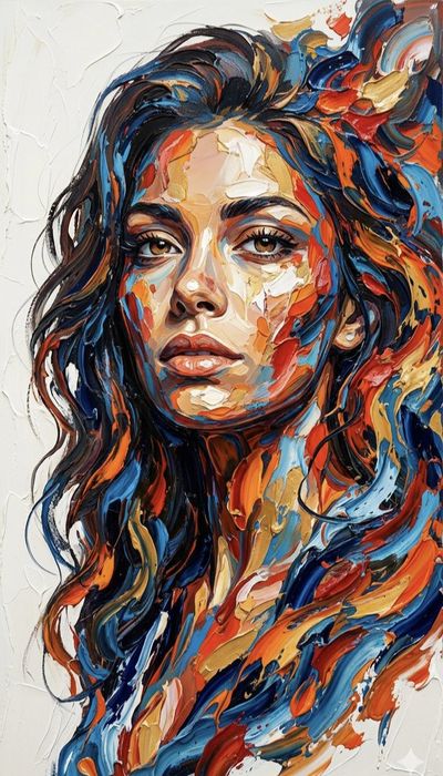 Vibrant Impasto Portrait of a Woman with Flowing Dark Hair
