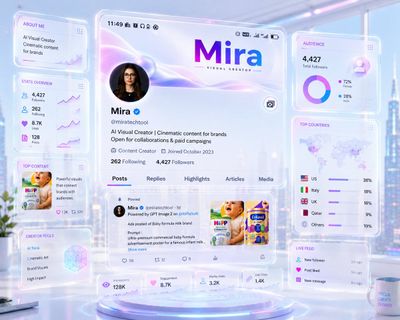 A pastel hologram profile floats in a bright cyberpunk workspace
