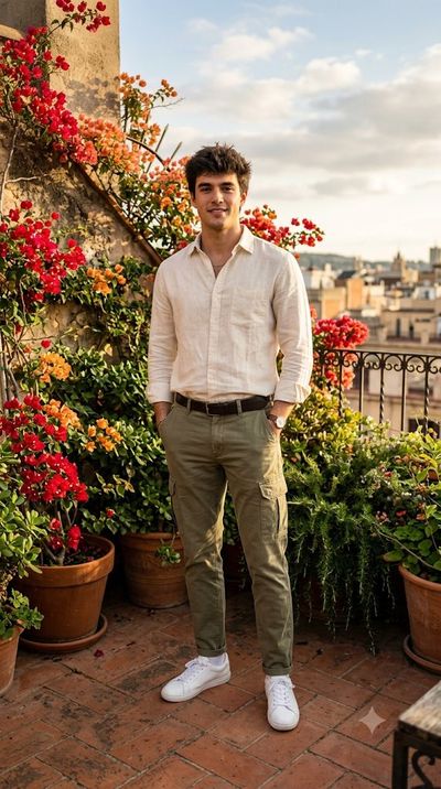 Young man standing in rooftop garden with bougainvillea at golden hour