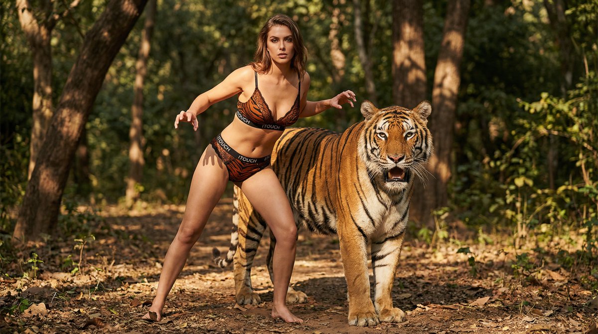 Regal Strength: Lingerie Elegance Meets Majestic Lion in Forest Clearing