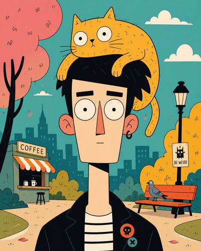 A tall geometric man with a deadpan face wears a crow hat in a park.