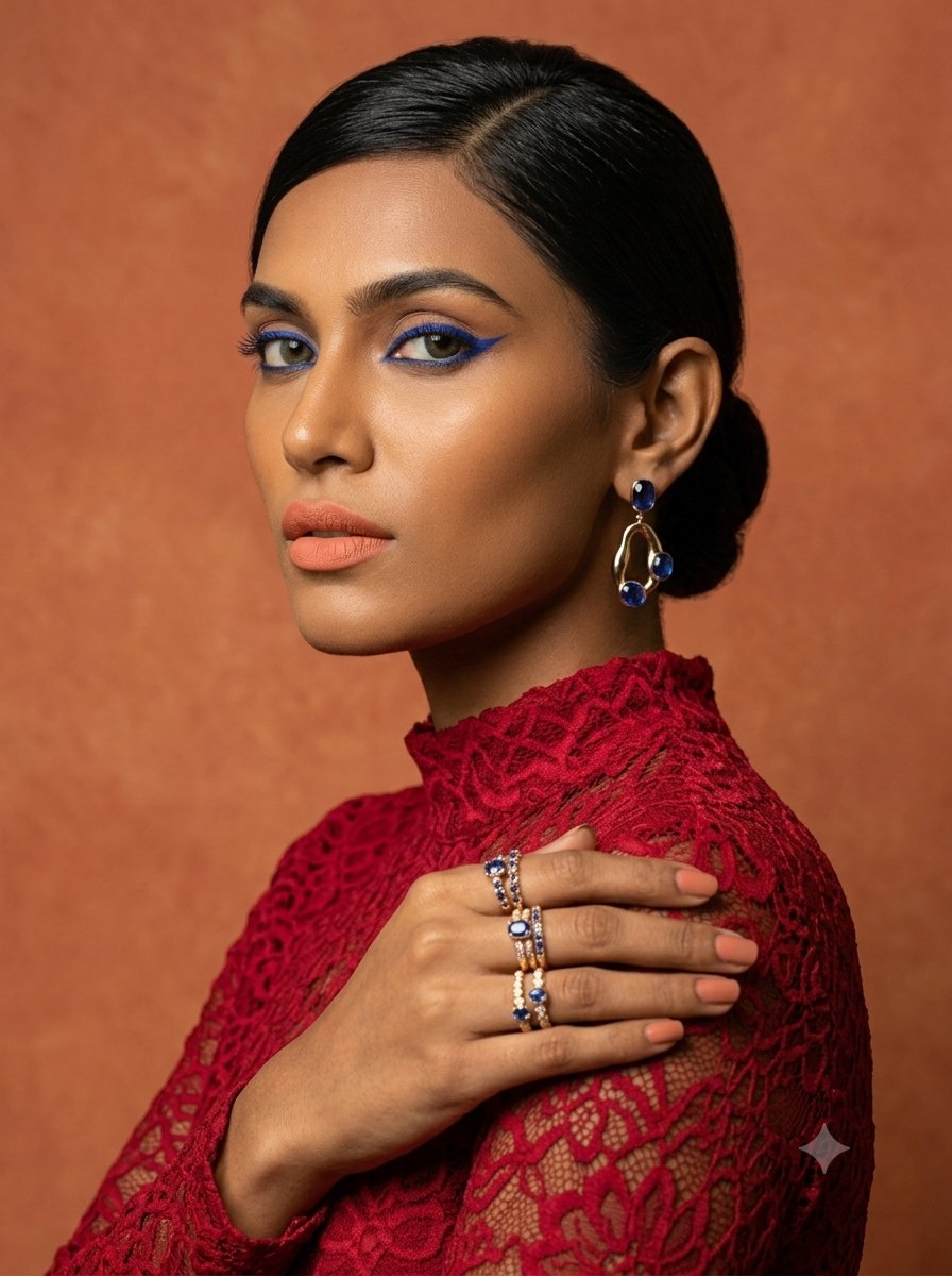 Red lace and blue eyeliner define a high-fashion studio portrait