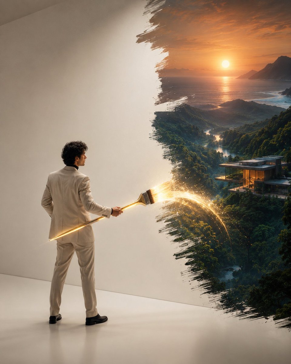Artist paints a living future onto a white wall with a glowing golden brush