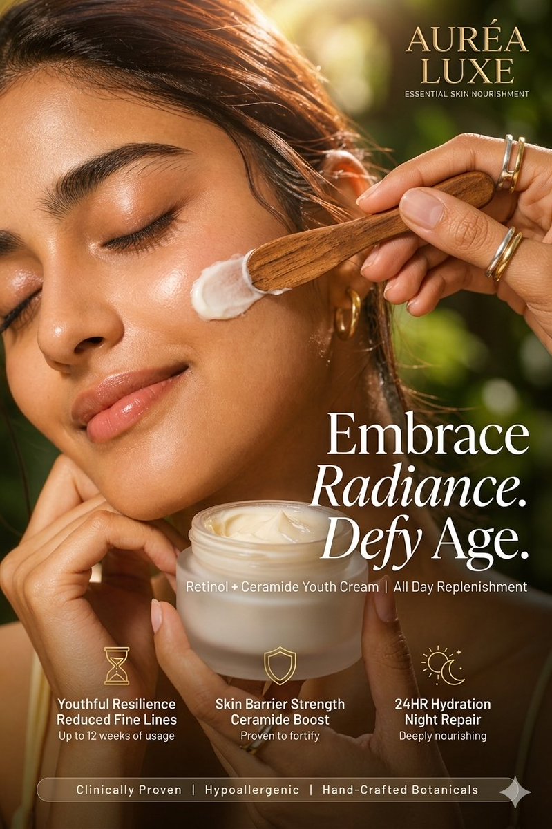 South Asian woman applies golden facial cream with wooden spatula