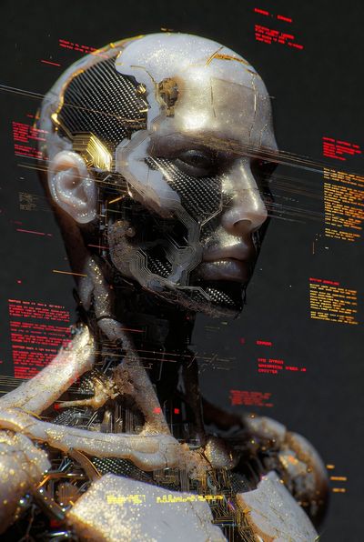 Futuristic Glitch: A Synthetic Humanoid in Chaos