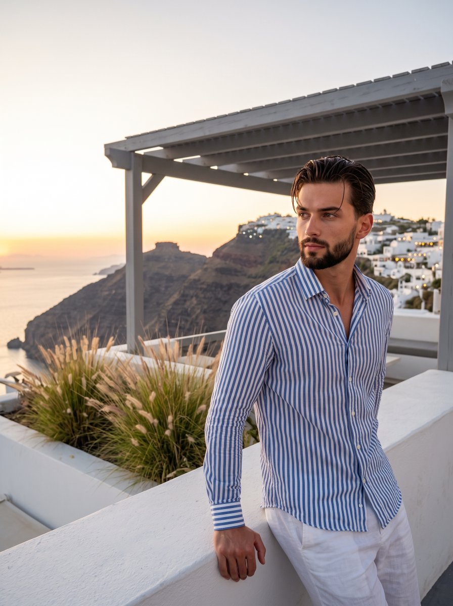 Golden Hour Serenity: Young Man Leaning on White Wall at Caldera
