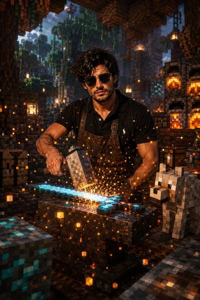 Yimzdesign forges a diamond sword in a Minecraft workshop.