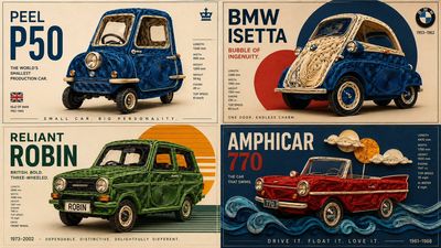 Four classic cars reimagined as intricate paper quilling sculptures