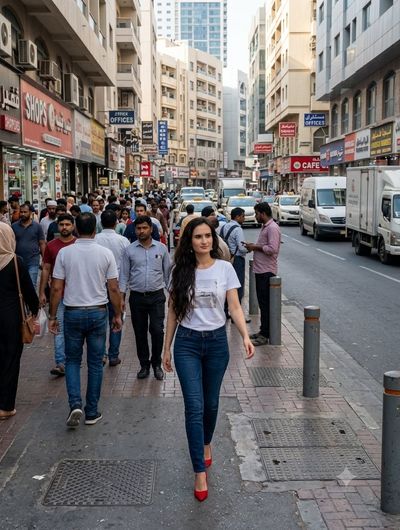 A woman in white shirt and jeans walks through a busy city street.