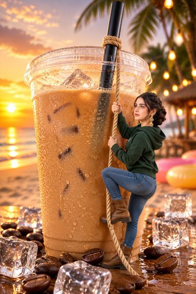 Tiny woman climbs a rope in an iced coffee cup at sunset beach
