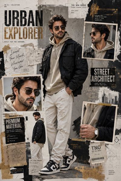 A rugged man in aviator glasses anchors a luxury streetwear collage.