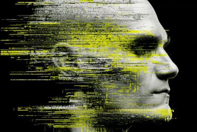 A woman dissolves into pixelated glitch art chaos