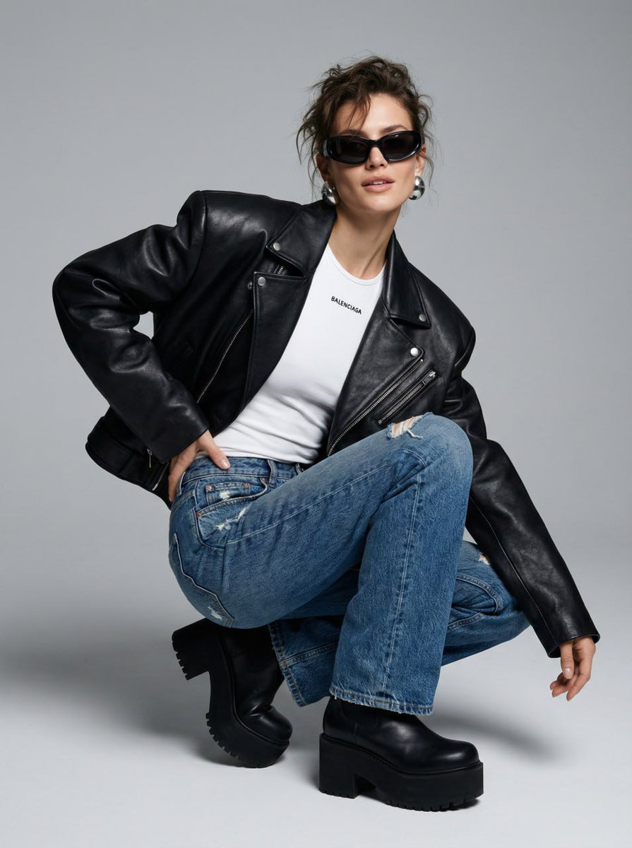 Model crouches in oversized leather jacket with confident street style