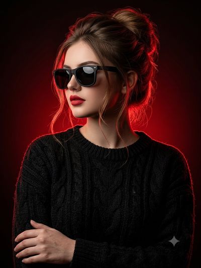 A woman in black sunglasses gazes sideways under red rim lighting