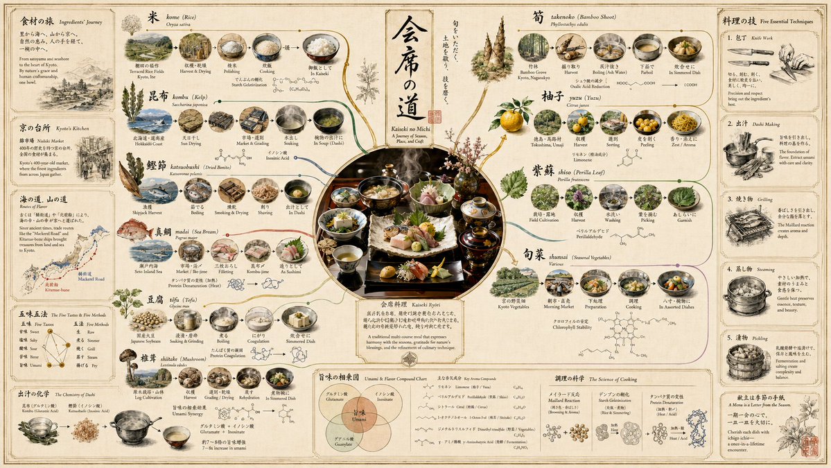 A gastronomic manuscript traces each ingredient's journey from origin to plate.